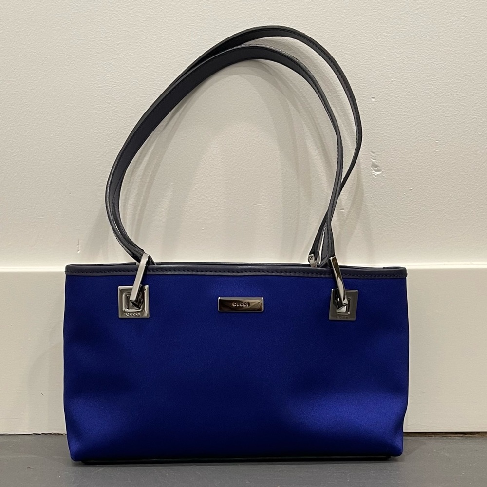 Beautiful Blue Satin & Leather Gucci Shoulder Bag